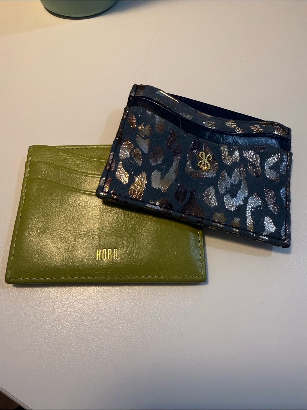 HOBO Olive Green Leather Card Holder with Metallic Leopard Card Case